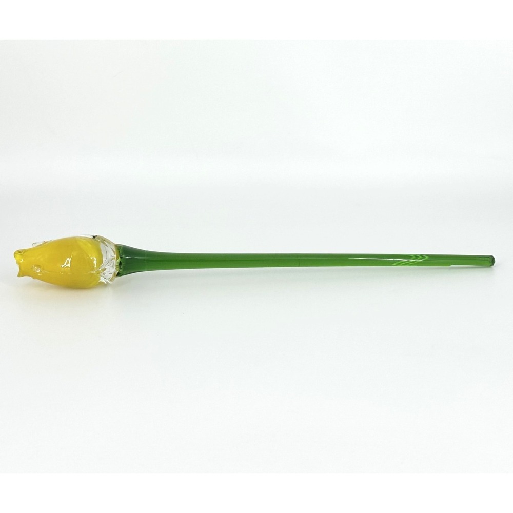 Glass Yellow Rose Bud Murano Style Flower w/Green Stem 12" Long - SEE PICS - Picture 4 of 8